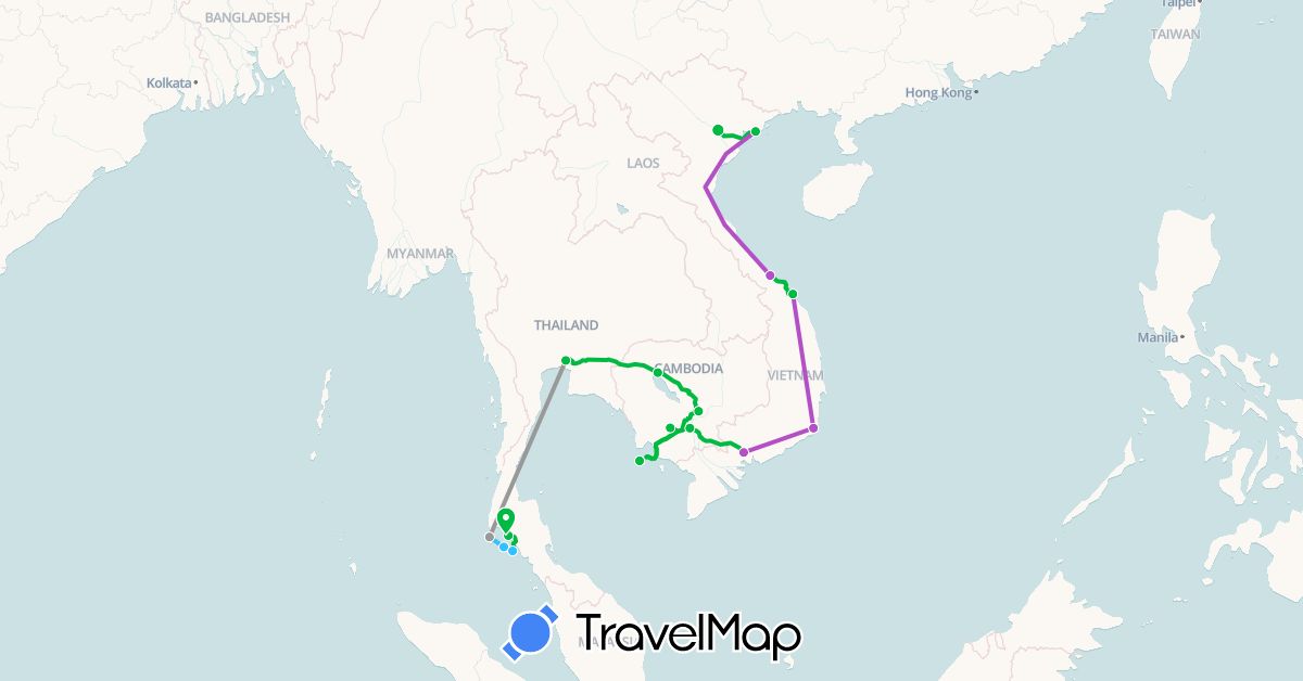 TravelMap itinerary: bus, plane, train, boat in Cambodia, Thailand, Vietnam (Asia)