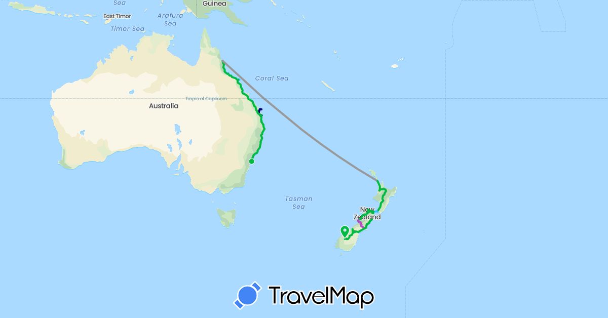 TravelMap itinerary: driving, bus, plane, train, boat in Australia, New Zealand (Oceania)